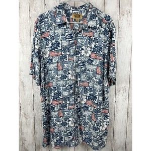 The Foundry Supply Co. Blue w/Palm Tree Hawaiian American Flag Shirt LT EUC